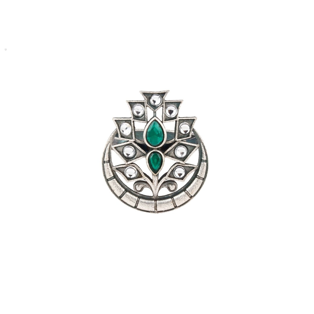 Crescent White & Green Stone adjustable finger ring