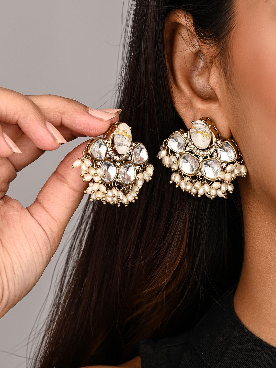 Gold-Plated White Kundan Half Chandbali Earrings