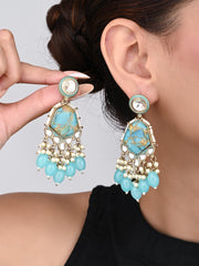 Gold plated two tone Geometric stone drop earring - Blue