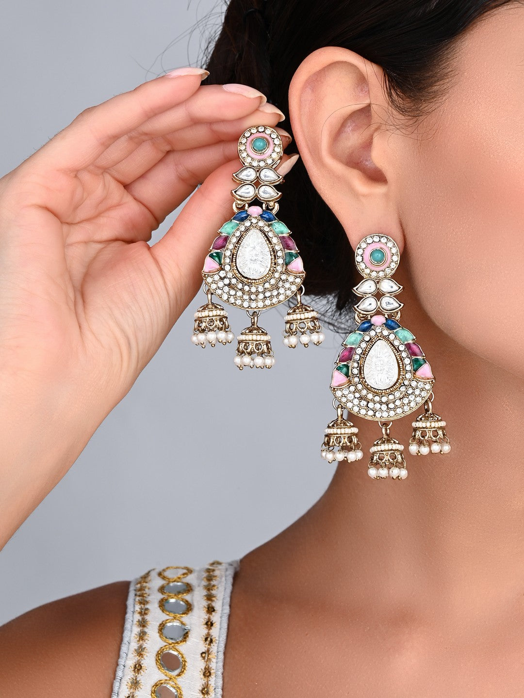 Kundan Chandbali Earrings with Jhumka Drops