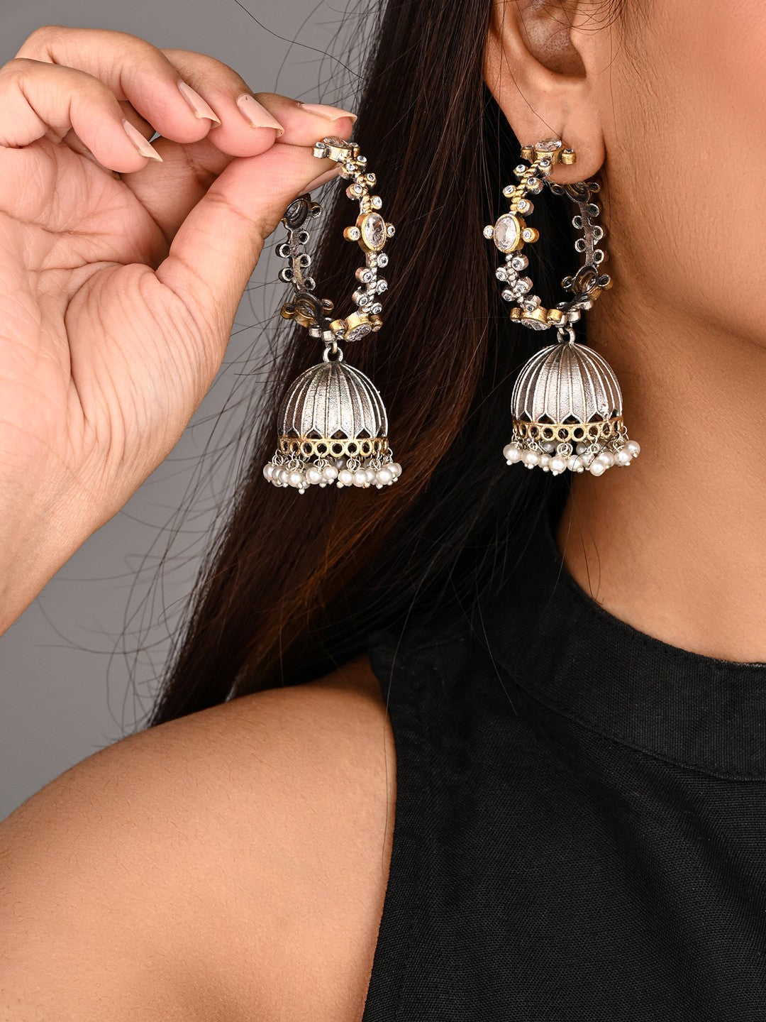 Two-Tone Brass Stone-Studded Jhumka Earrings