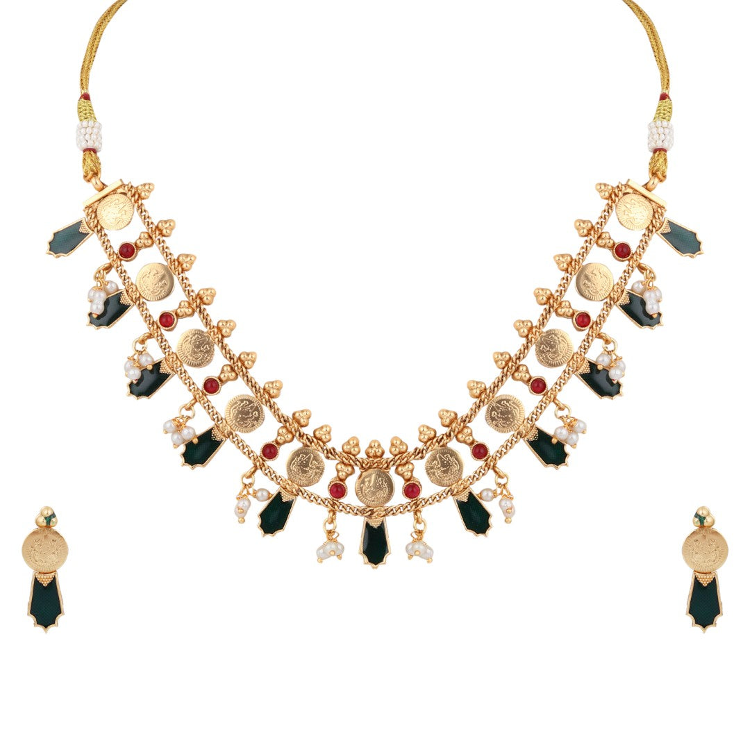Antique Gold Kundan Floral Necklace Set with Bead Drops
