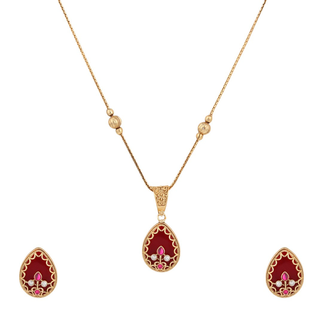 Tear drop Stone Kundan Pendant Necklace & Stud Earrings Set Red