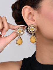 Gold plated Flower Stud with tear drop earring - Yellow