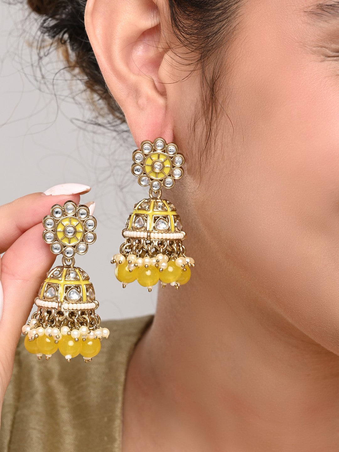 Gold plated kundan & Yellow Meenakari Jhumka Earring
