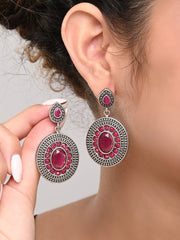 Elegant Oval Drop Earrings – Silver Oxidised Finish red