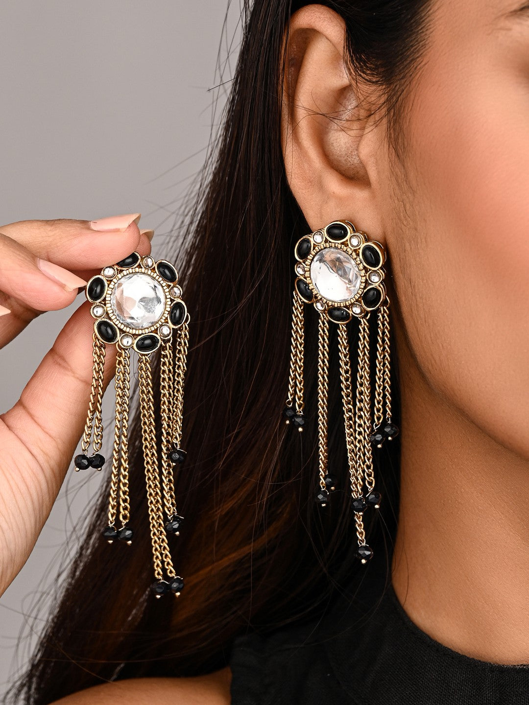 Kundan Tassel Drop Earrings - Black