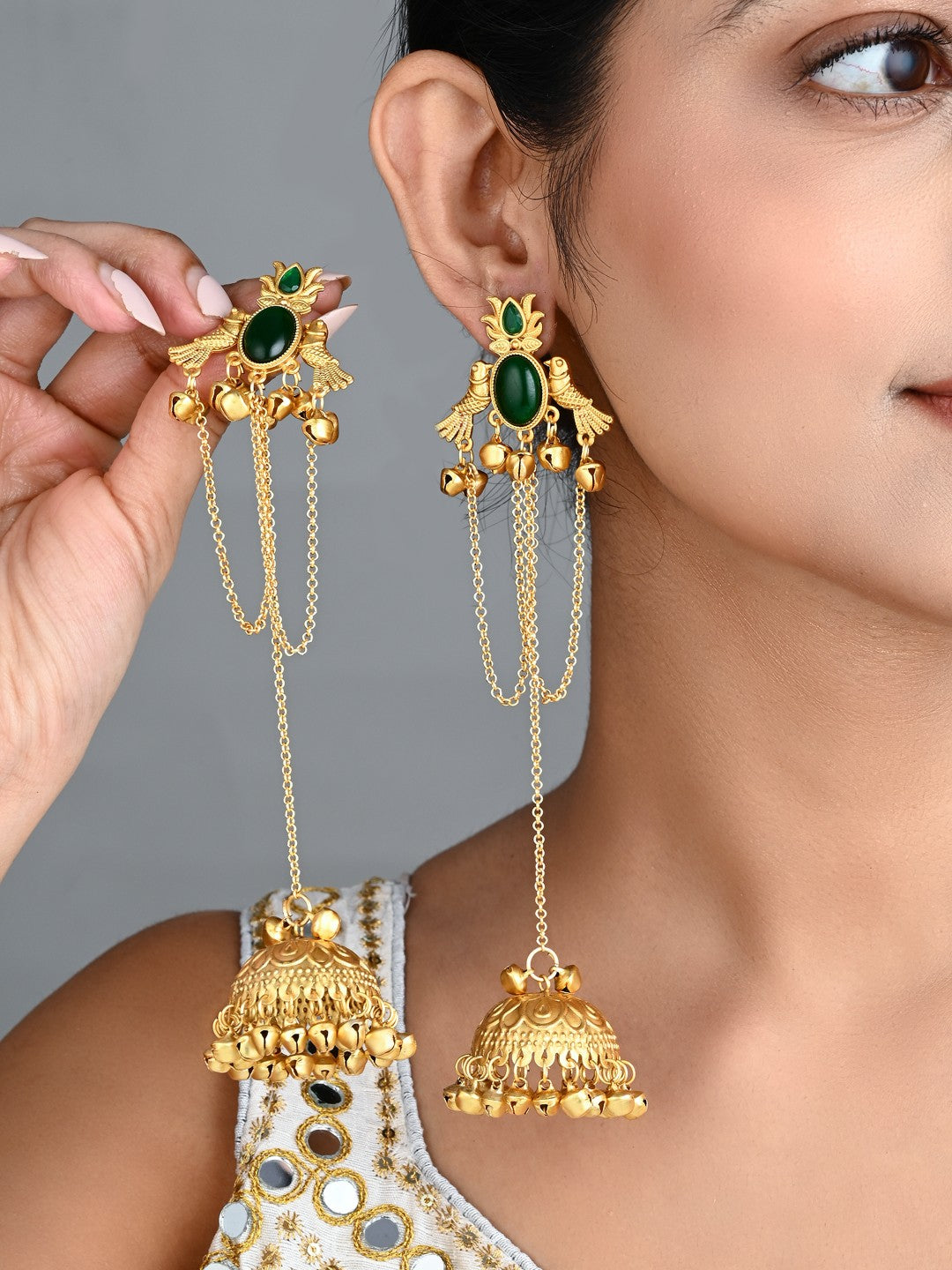 Emerald Green Temple Jhumka Earrings with Chain Tassels