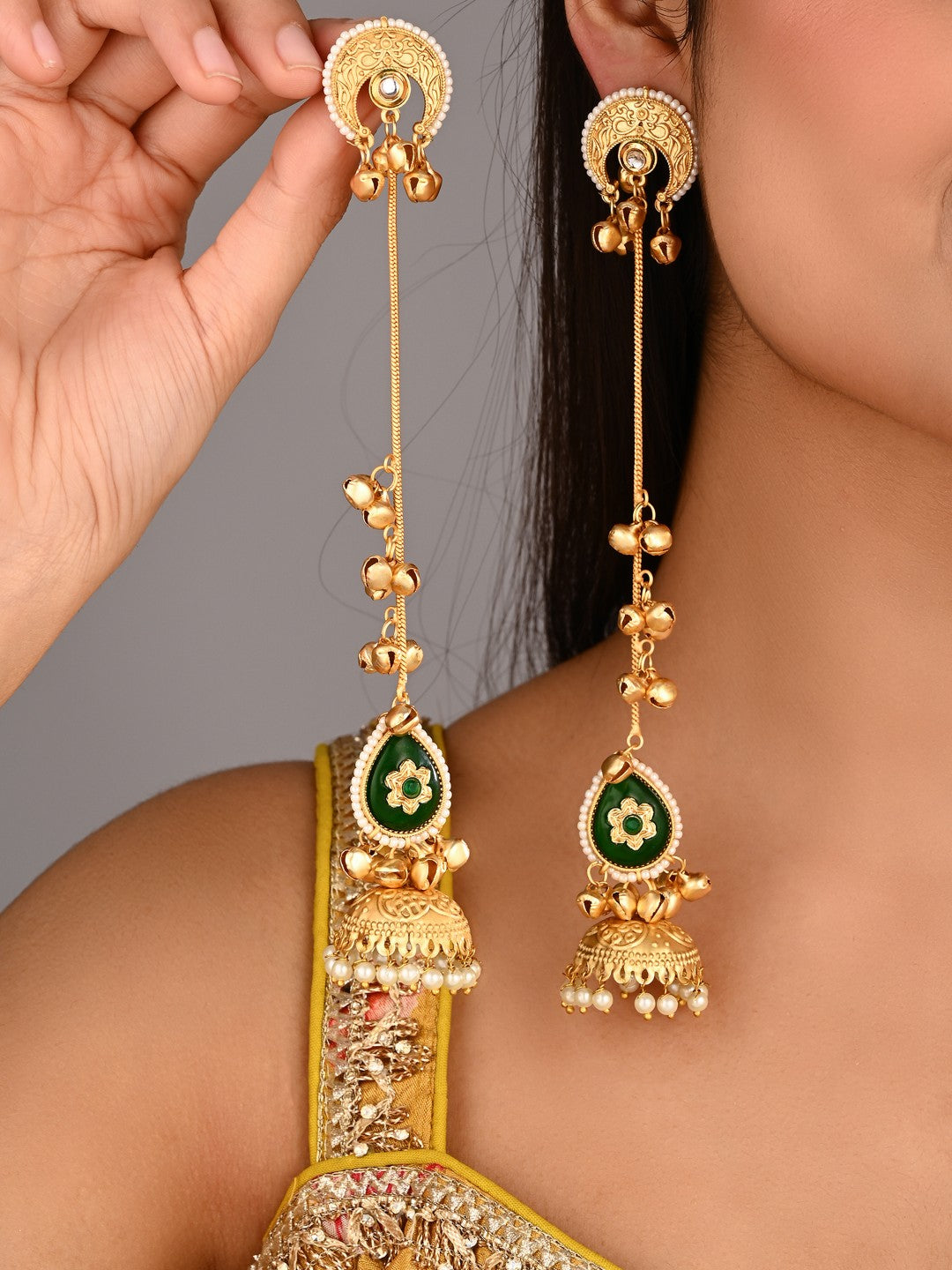 Gold plated Kshimiri long Jhumka Earrings Green