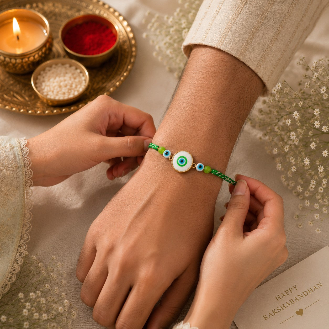 Evil Eye & Pastel Charm Rakhi Set