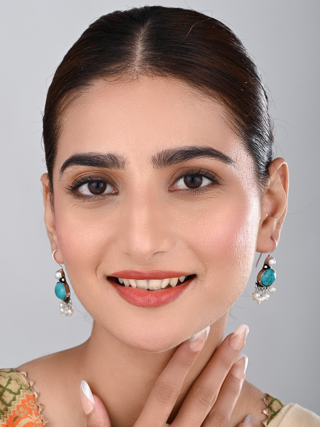 Turquoise Stone Pearl Fringe Drop Earrings