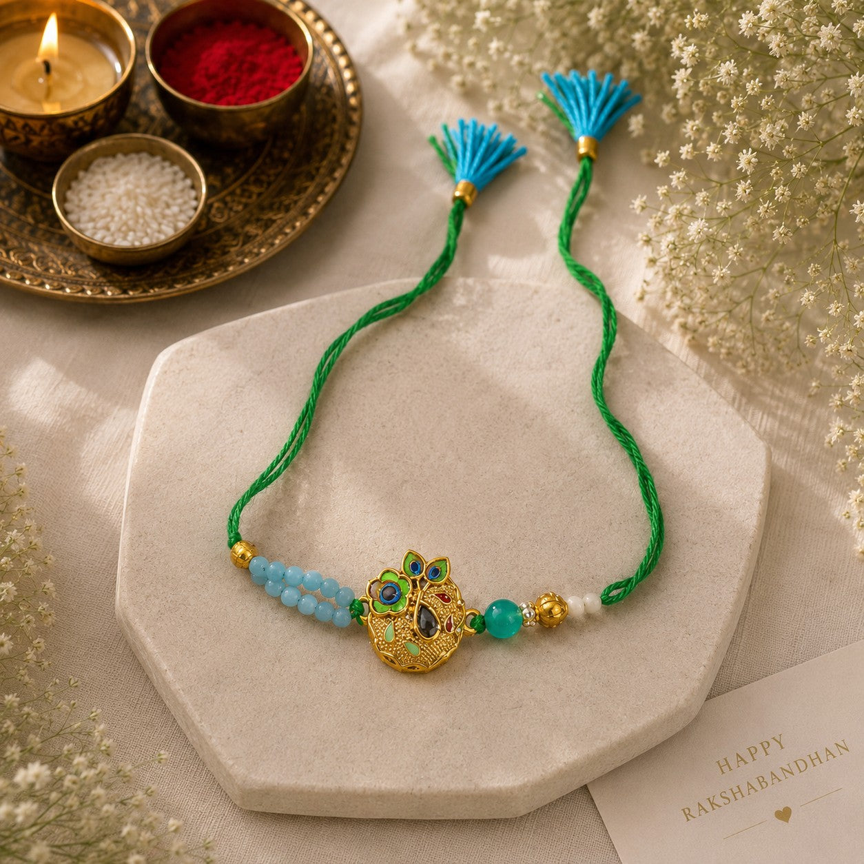 Peacock Charm & Flute Feather Rakhi Set