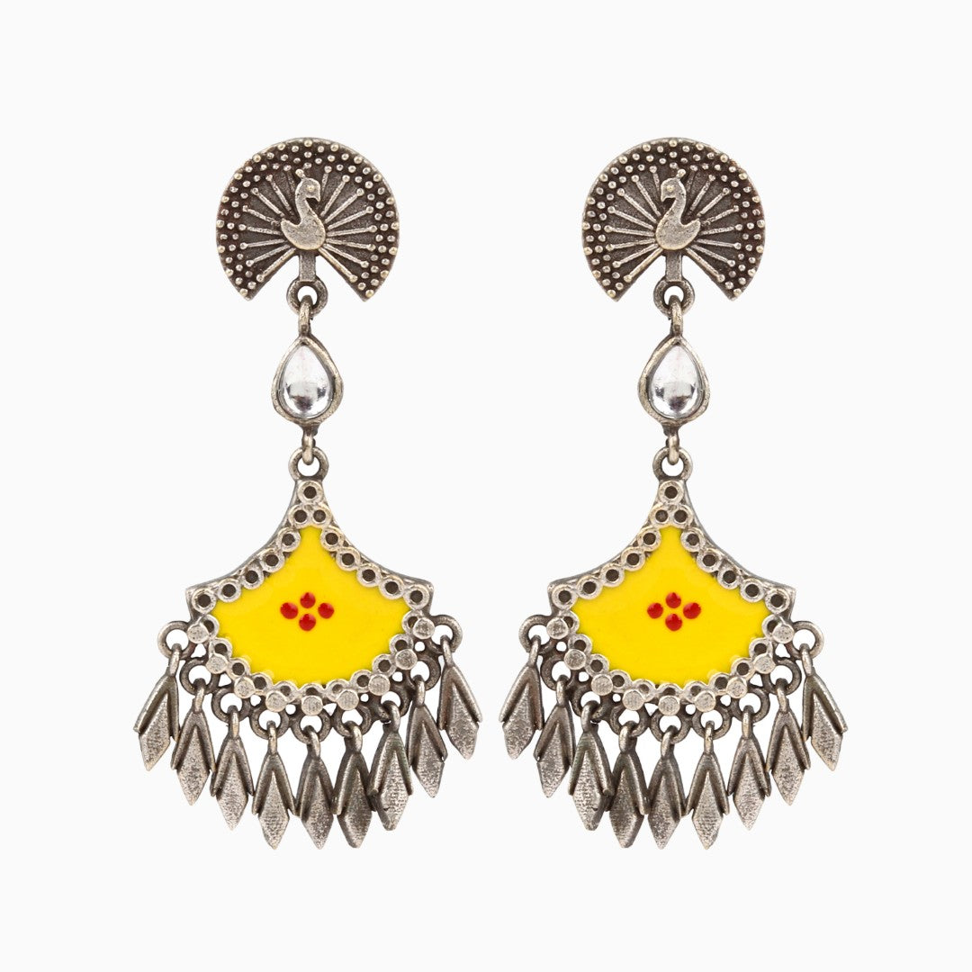 Silver Oxidised finish yellow hand painted drop earring