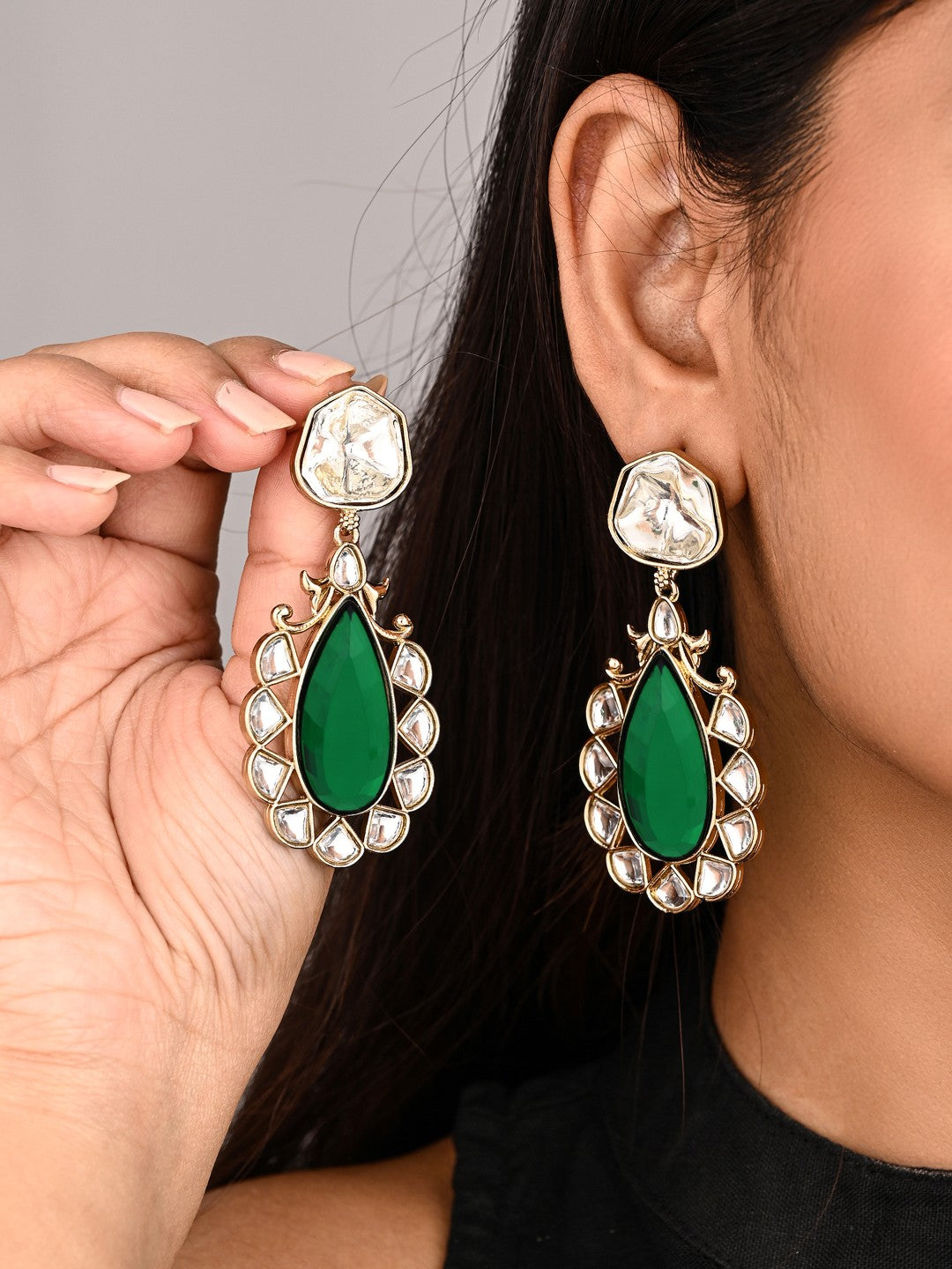 Gold-Plated Emerald Green Kundan Teardrop Earrings for Women
