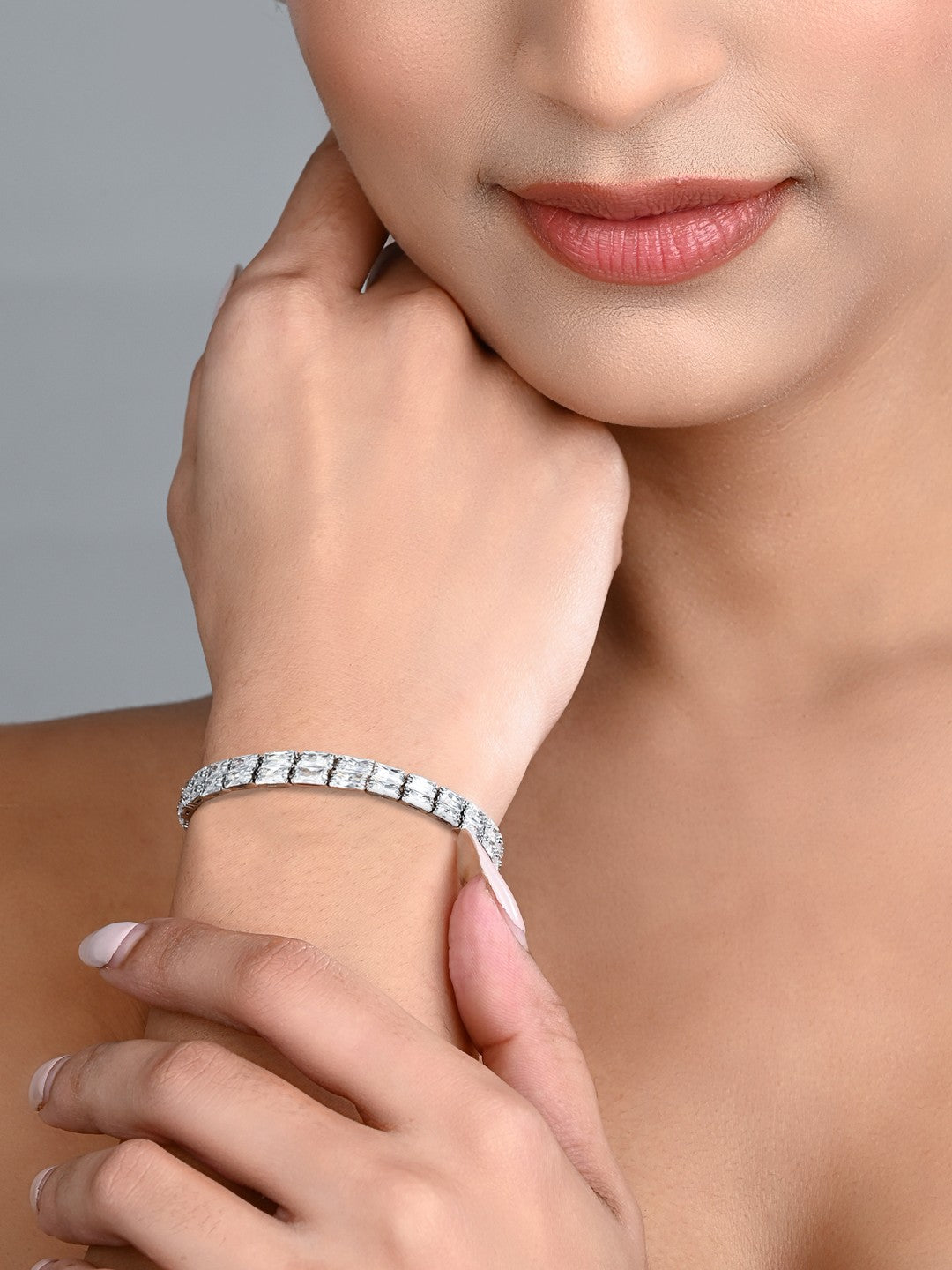 Elegant Silver-Tone CZ Tennis Bangle Bracelet double line