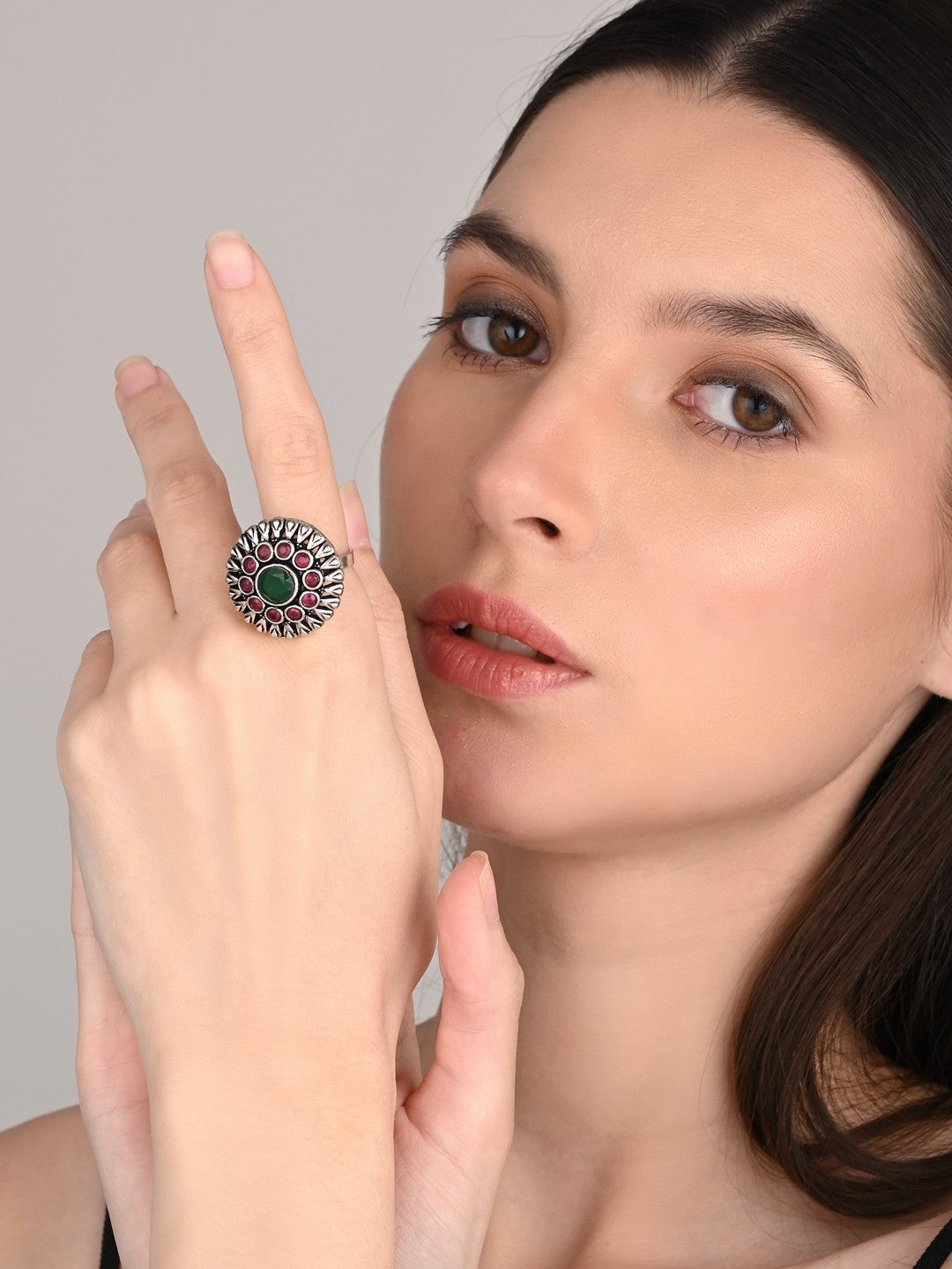 Red & green stone circular adjustable ring