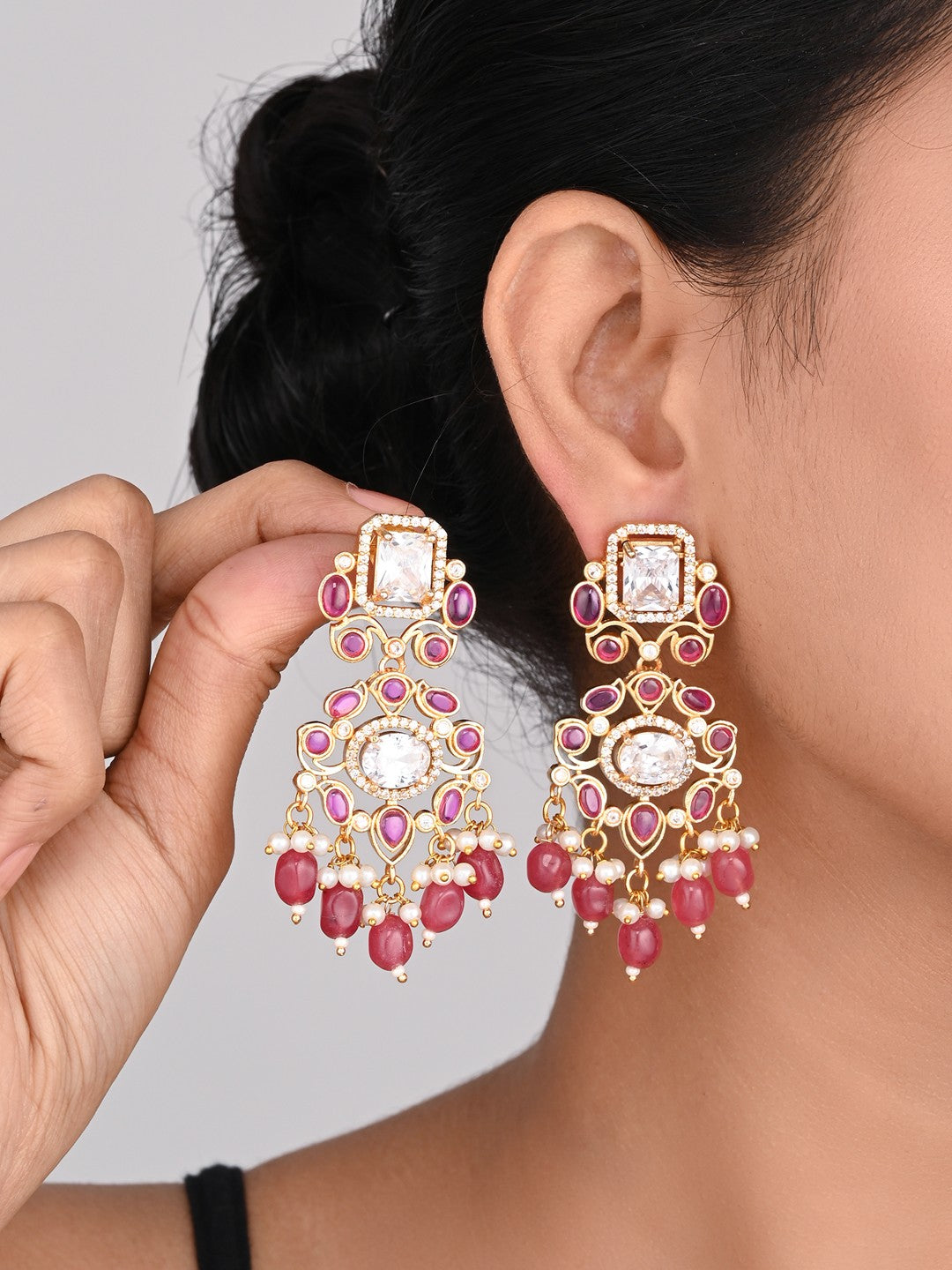 Gold plated Kundan & AD stone chandbali bali - Red