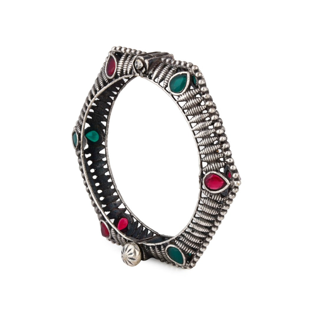Hexagonal Oxidized Bangle with Red-Green Stones
