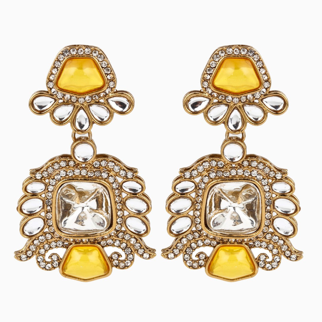 Gold plated kundan Drop Earrings Yellow