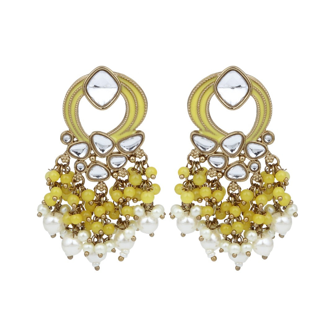 Gold-Plated Meenakari Stud Earrings with Kundan & Pearl Cluster drops - yellow