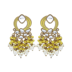 Gold-Plated Meenakari Stud Earrings with Kundan & Pearl Cluster drops - yellow
