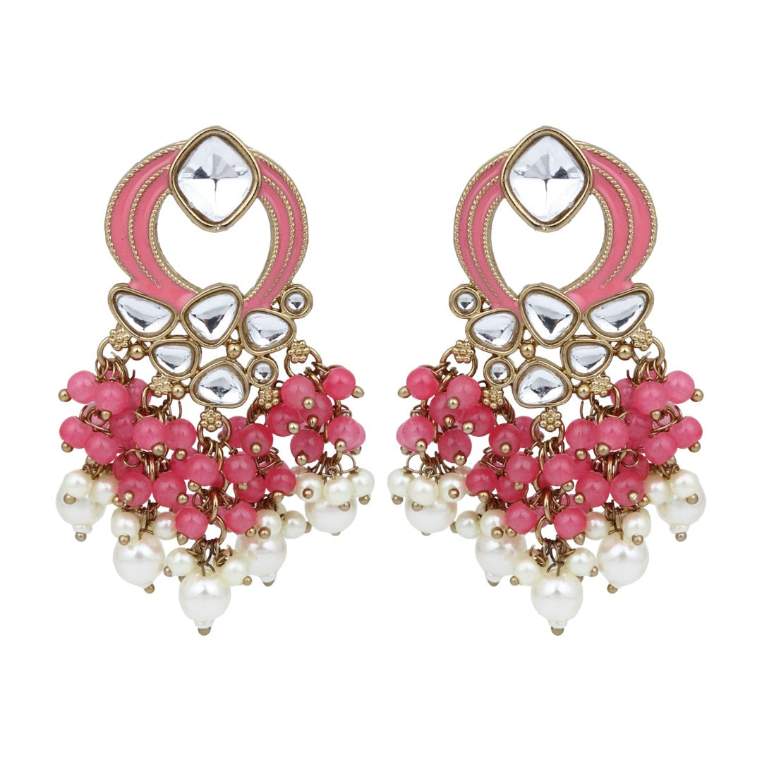Gold-Plated Meenakari Stud Earrings with Kundan & Pearl Cluster drops - Pink