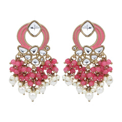 Gold-Plated Meenakari Stud Earrings with Kundan & Pearl Cluster drops - Pink
