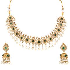 Gold-Plated Kemp Stone Necklace Set with Jhumka Earrings Green