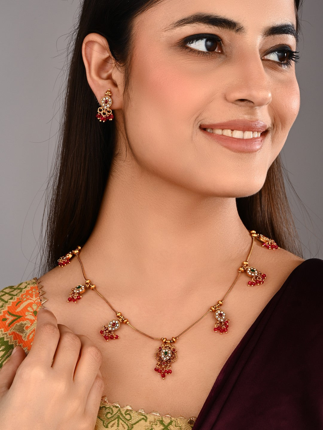 Ruby Emerald Filigree Necklace Earrings Set