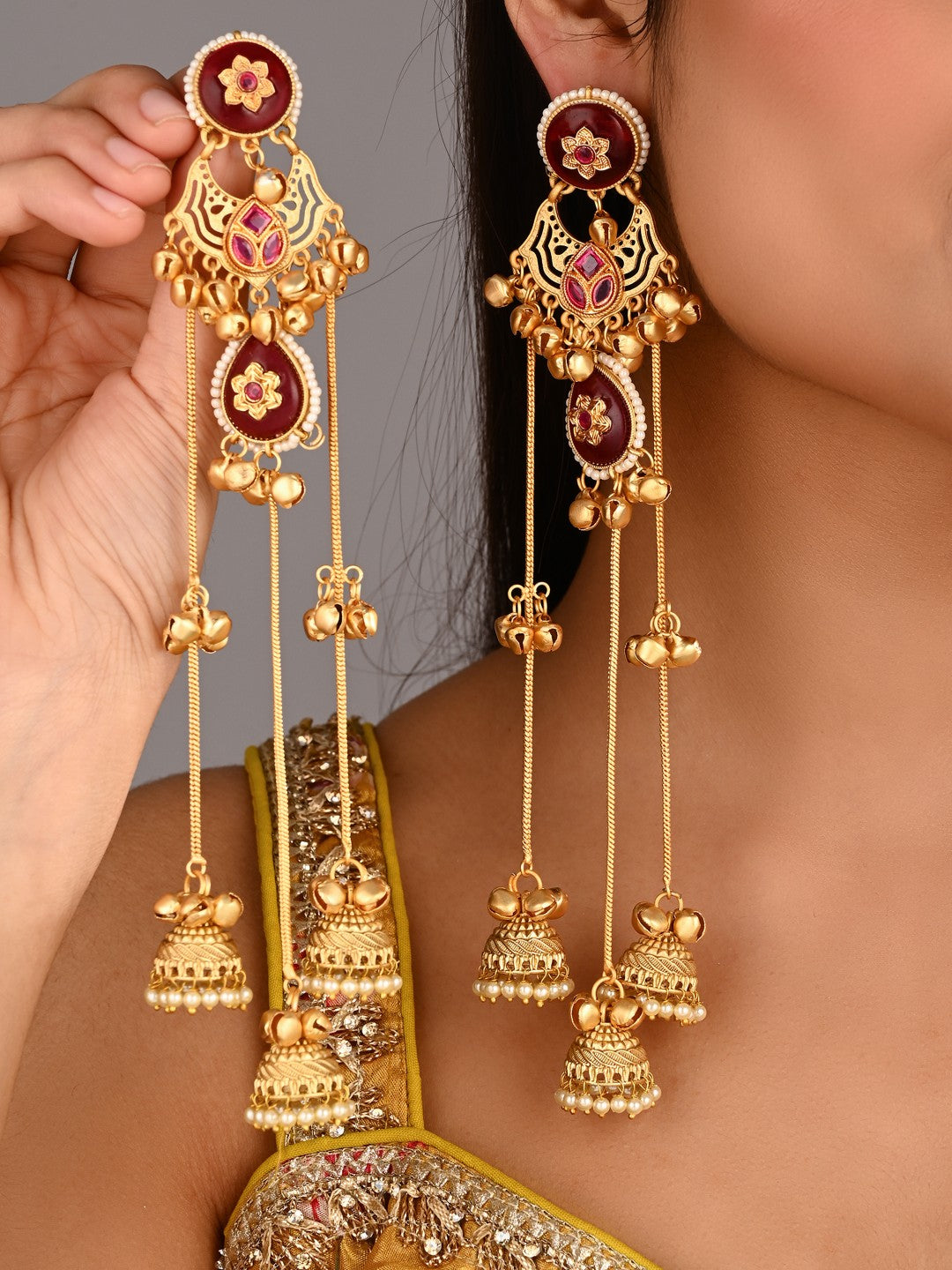 Red Long Kashmiri Earring with Jhumka Danglers