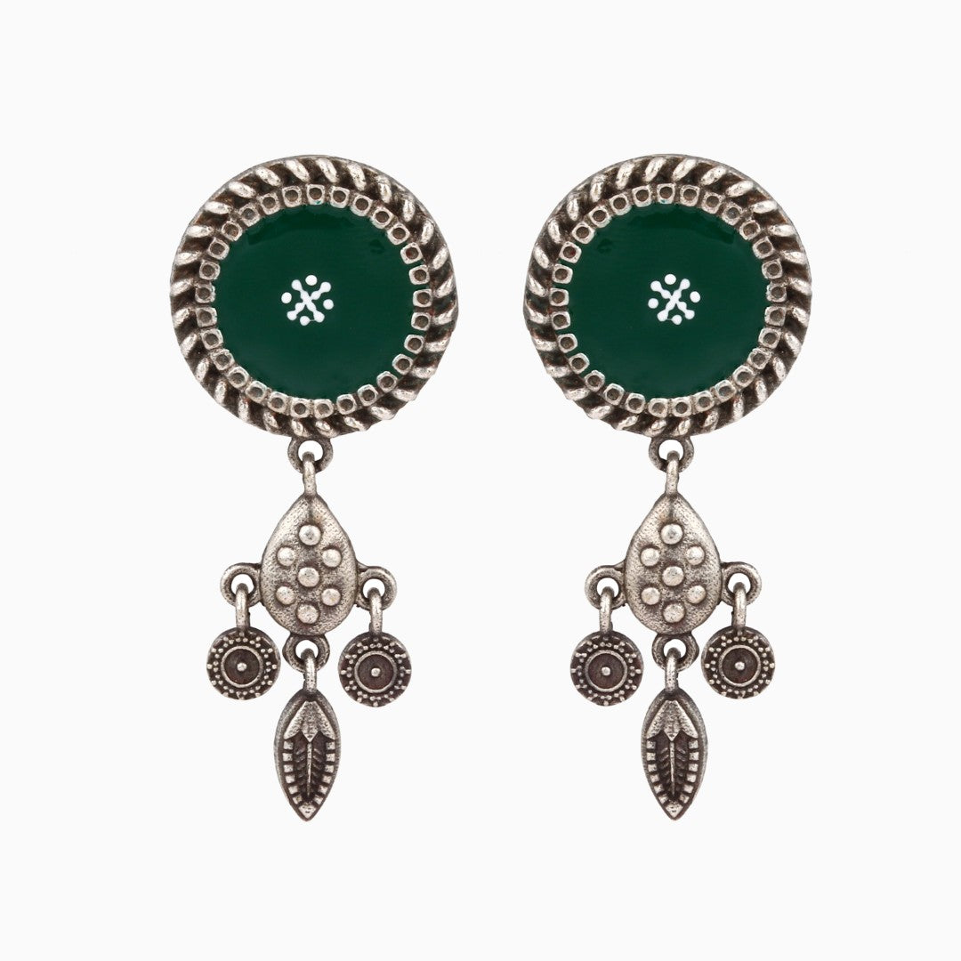 Hand-Painted Circular drop earrings Green