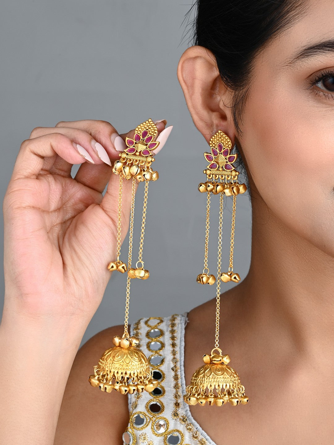 Floral Jhumka Earrings with Ghungroo Chain Tassels