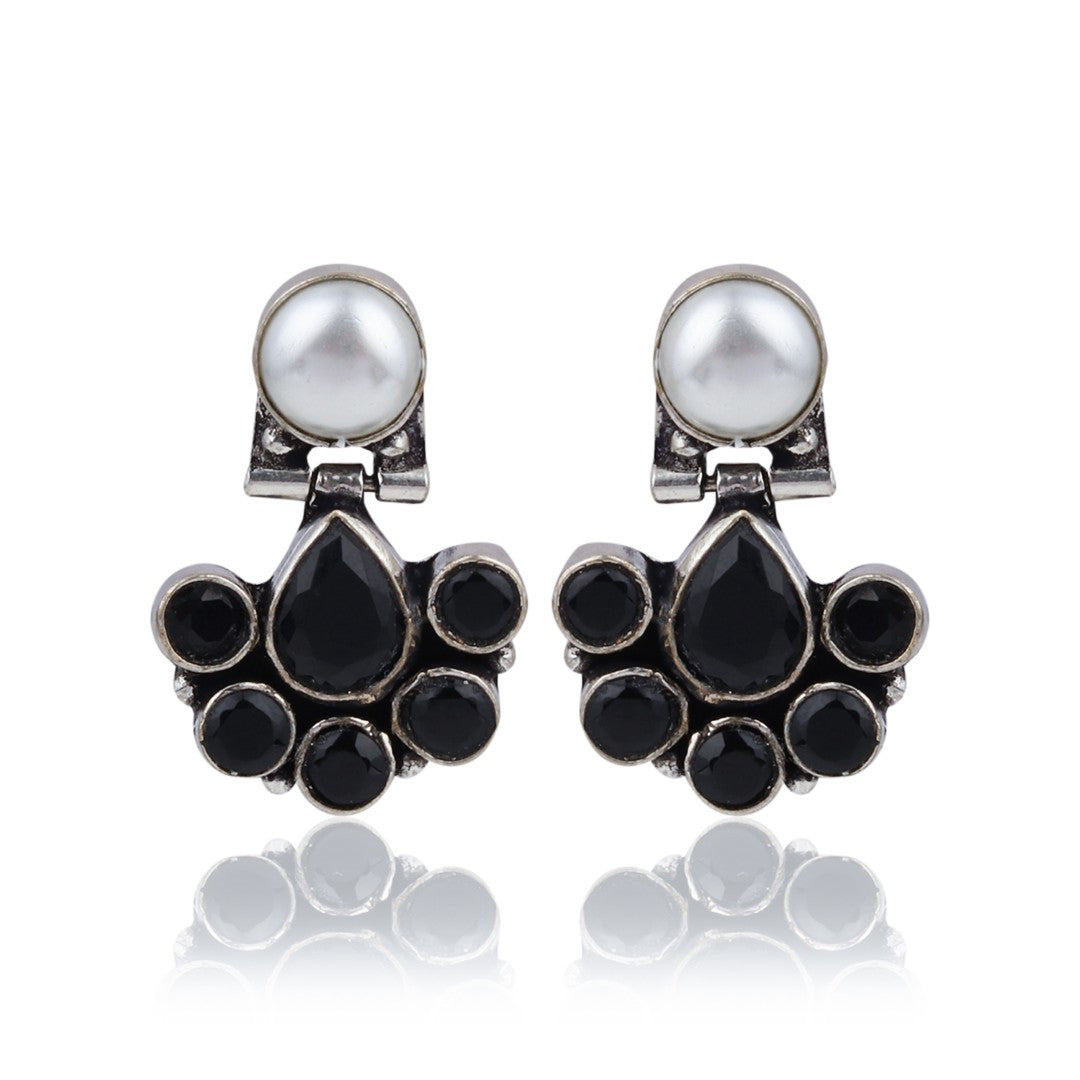 Floral Crystal Pendant Necklace Set with Matching Stud Earrings - Black