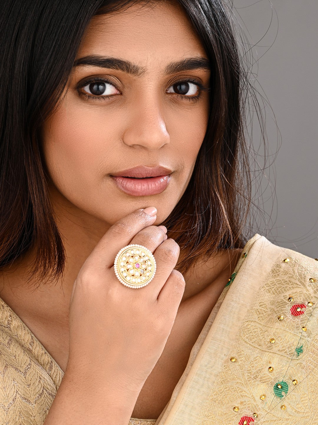 Regal Kundan Ruby Circular Ring