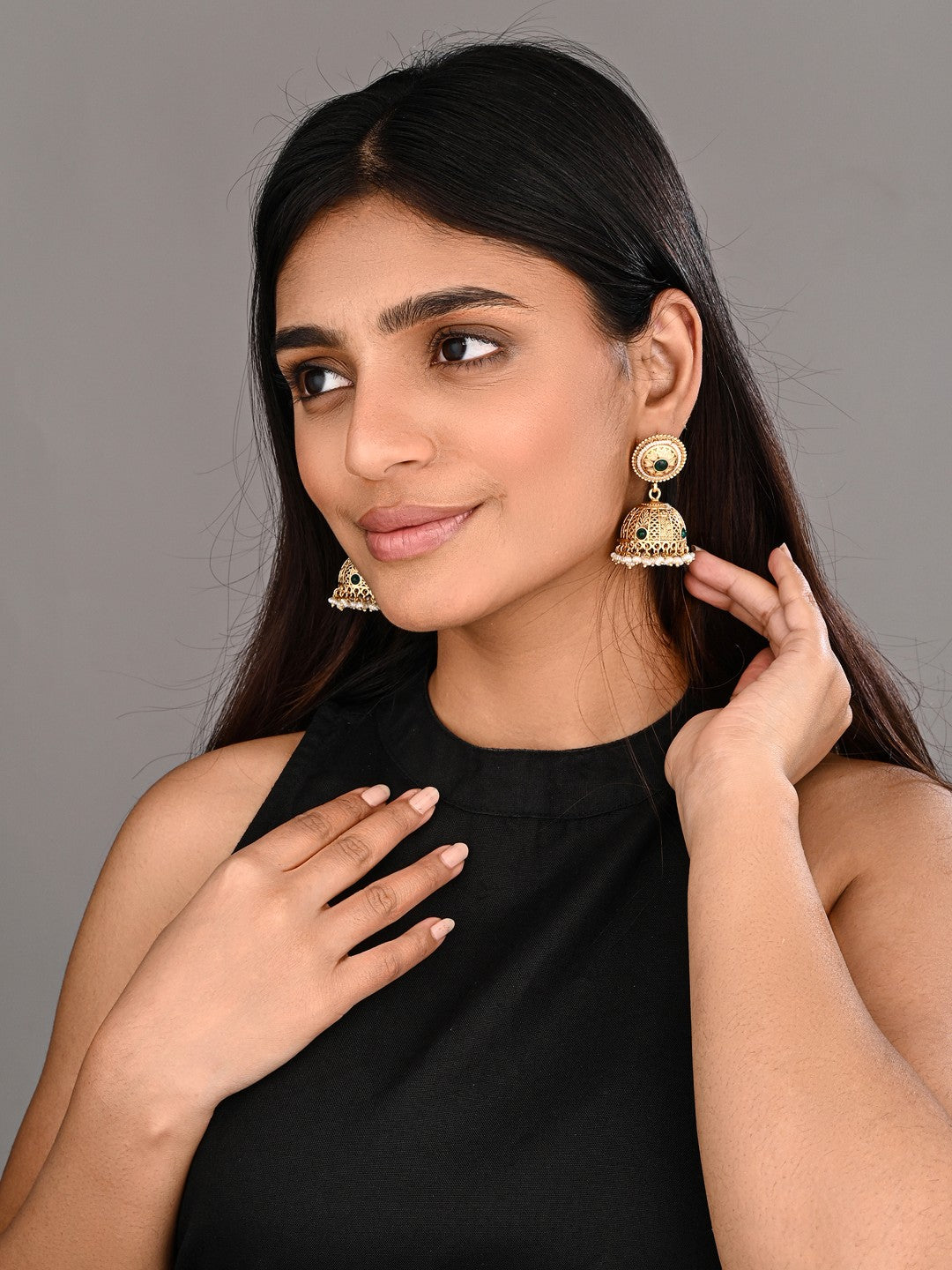 Royal Green Stone Antique Jhumka Earrings