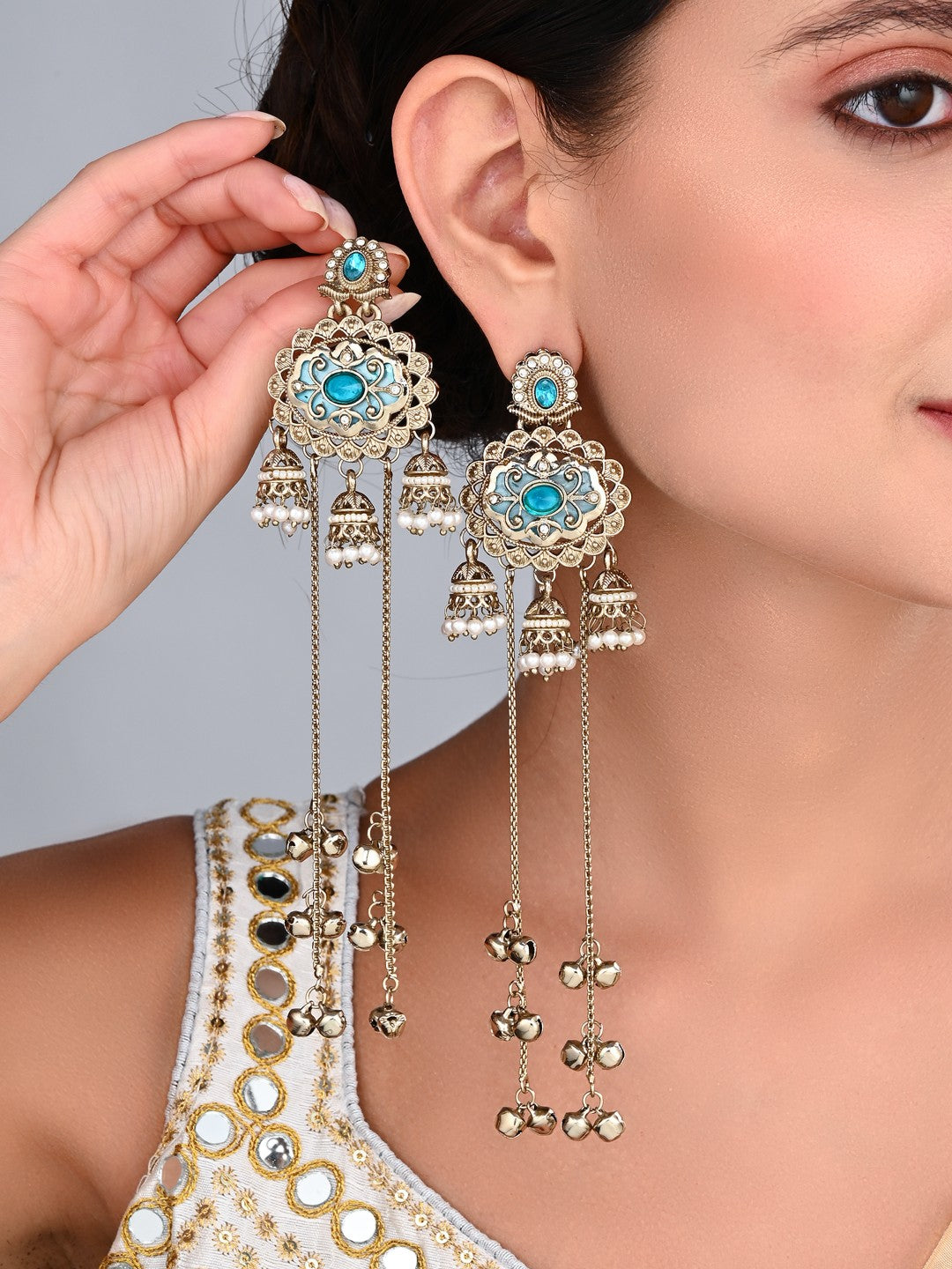 Gold-Toned Long Drop Earrings with Turquoise Stone Accents