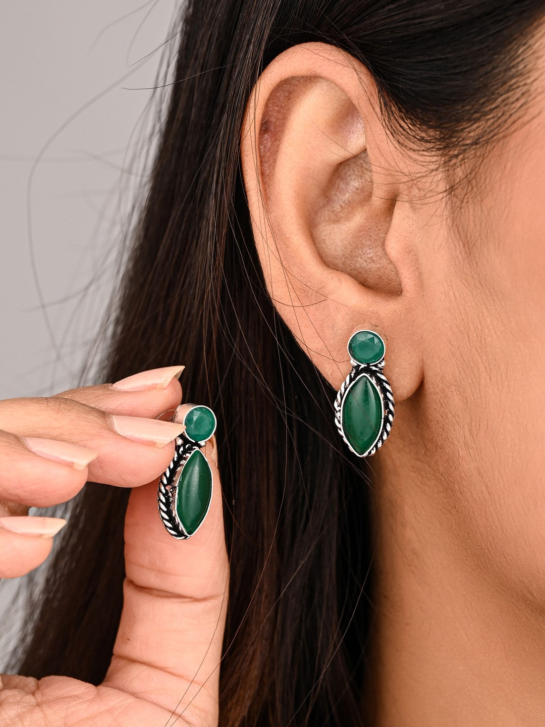 Silver-Tone Green Stone Statement Earring