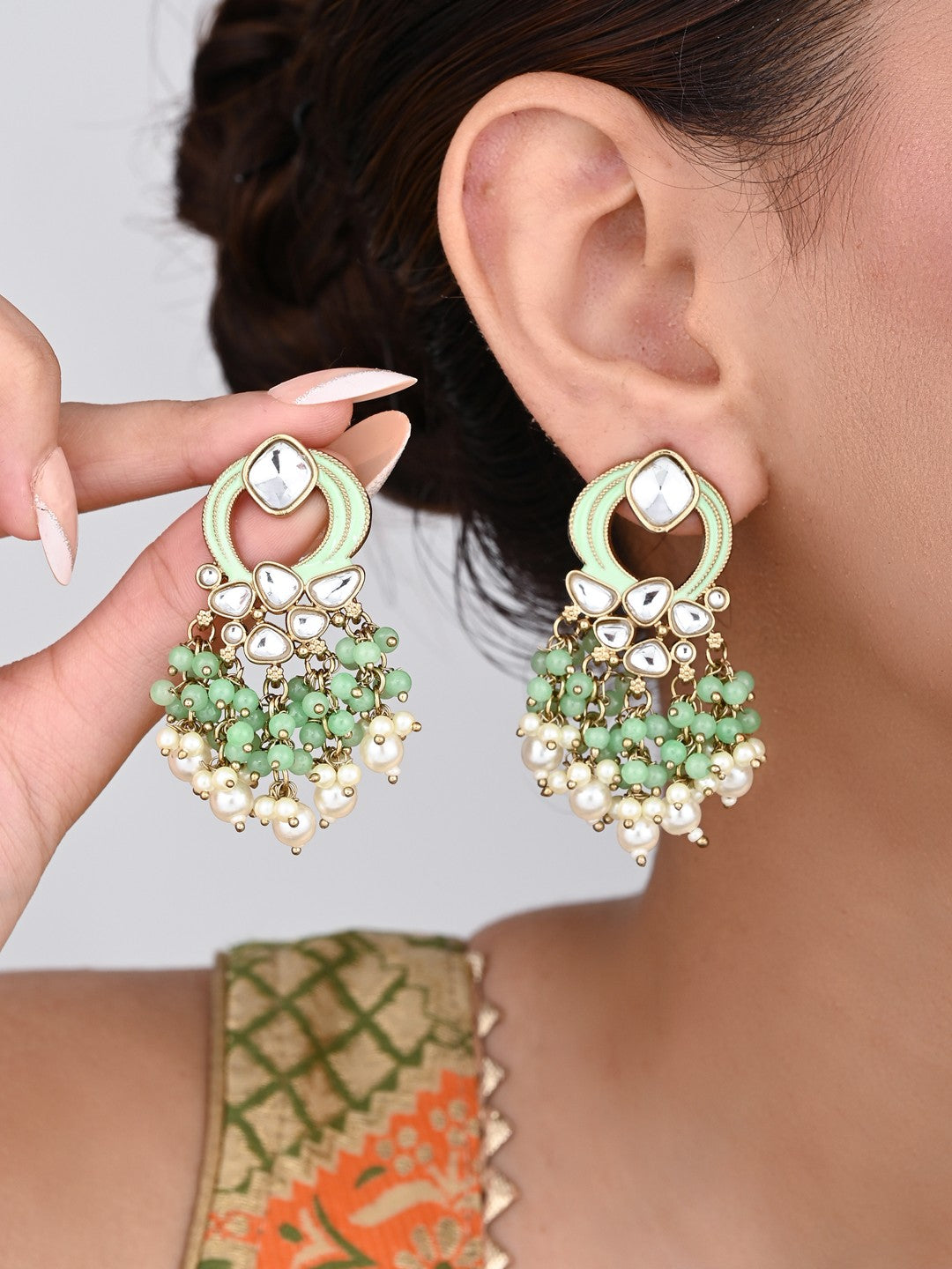 Gold-Plated Meenakari Stud Earrings with Kundan & Pearl Cluster drops - Sage green