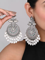 Oxidised Silver Meenakari Peacock Earrings