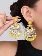 Gold-Plated Meenakari Chandbali Earrings with Kundan & Pearl Drops - Yellow