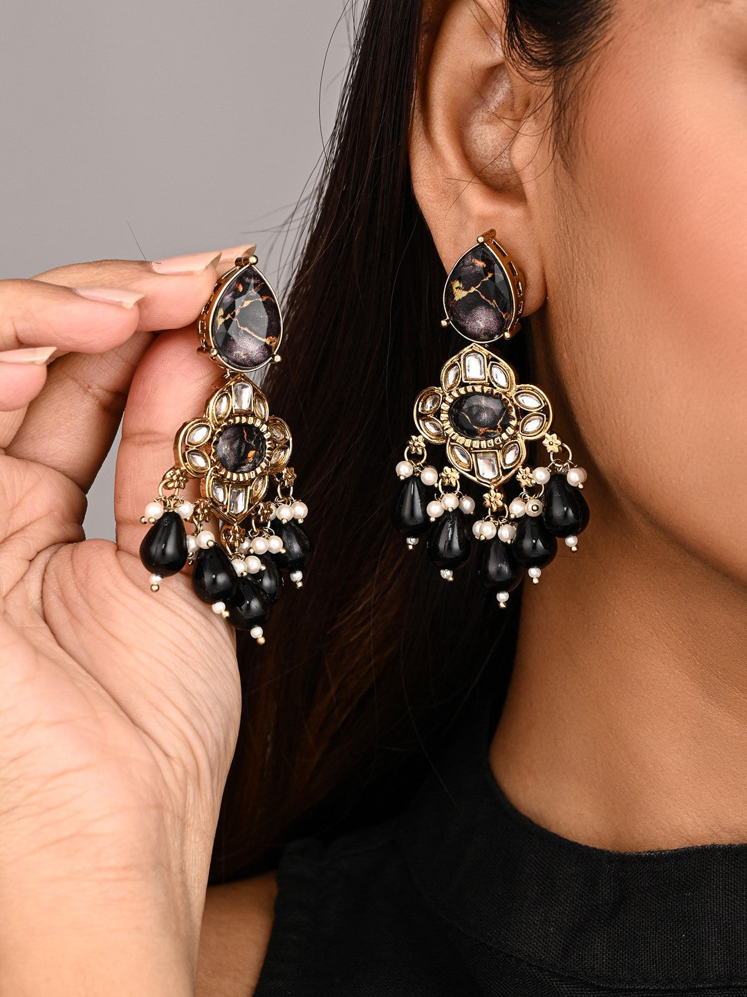 Gold-Plated Black Kundan Chandelier Earrings with Bead Drops