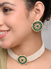 Elegant Kundan Choker Necklace Set with Pearl Mesh Strap Green