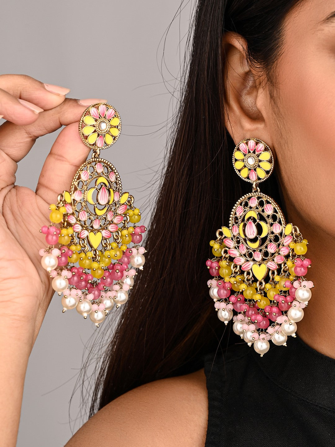 Vibrant Yellow & Pink Chandelier Pearl Drop Earrings