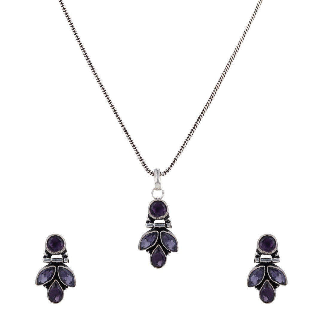 Elegant Crystal Pendant Necklace Set with Matching Drop Earrings - Grey