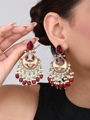 Gold-Plated Meenakari Chandbali Earrings with Kundan & Pearl Drops - Red