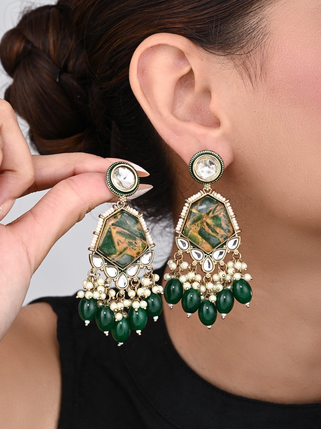 Gold plated two tone Geometric stone drop earring - Green