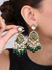 Gold plated two tone Geometric stone drop earring - Green