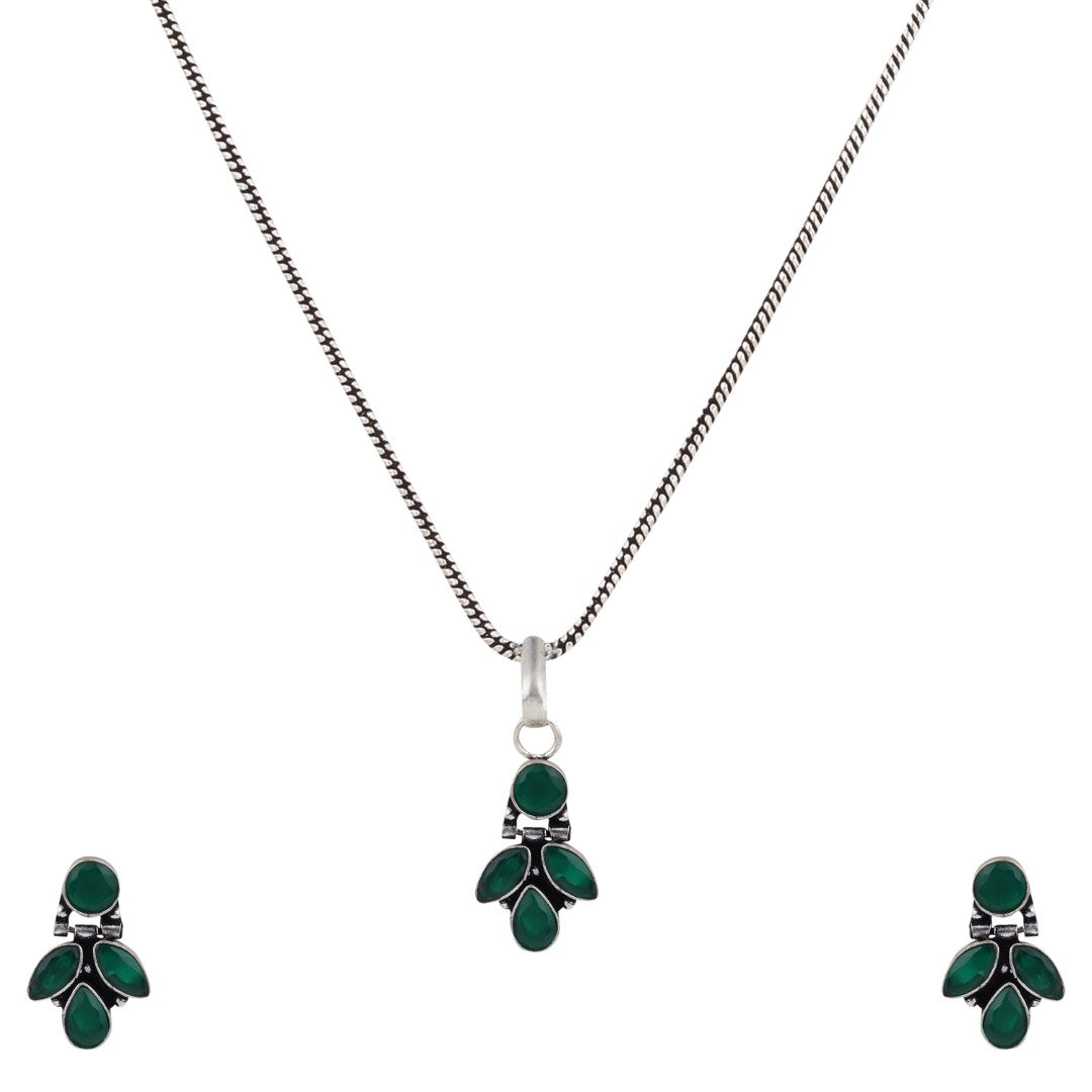 Elegant Crystal Pendant Necklace Set with Matching Drop Earrings - Green