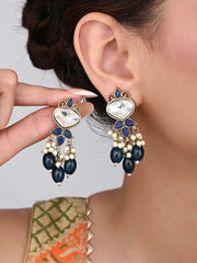 Gold plated Kundan & Pearl drop Earrings- Blue