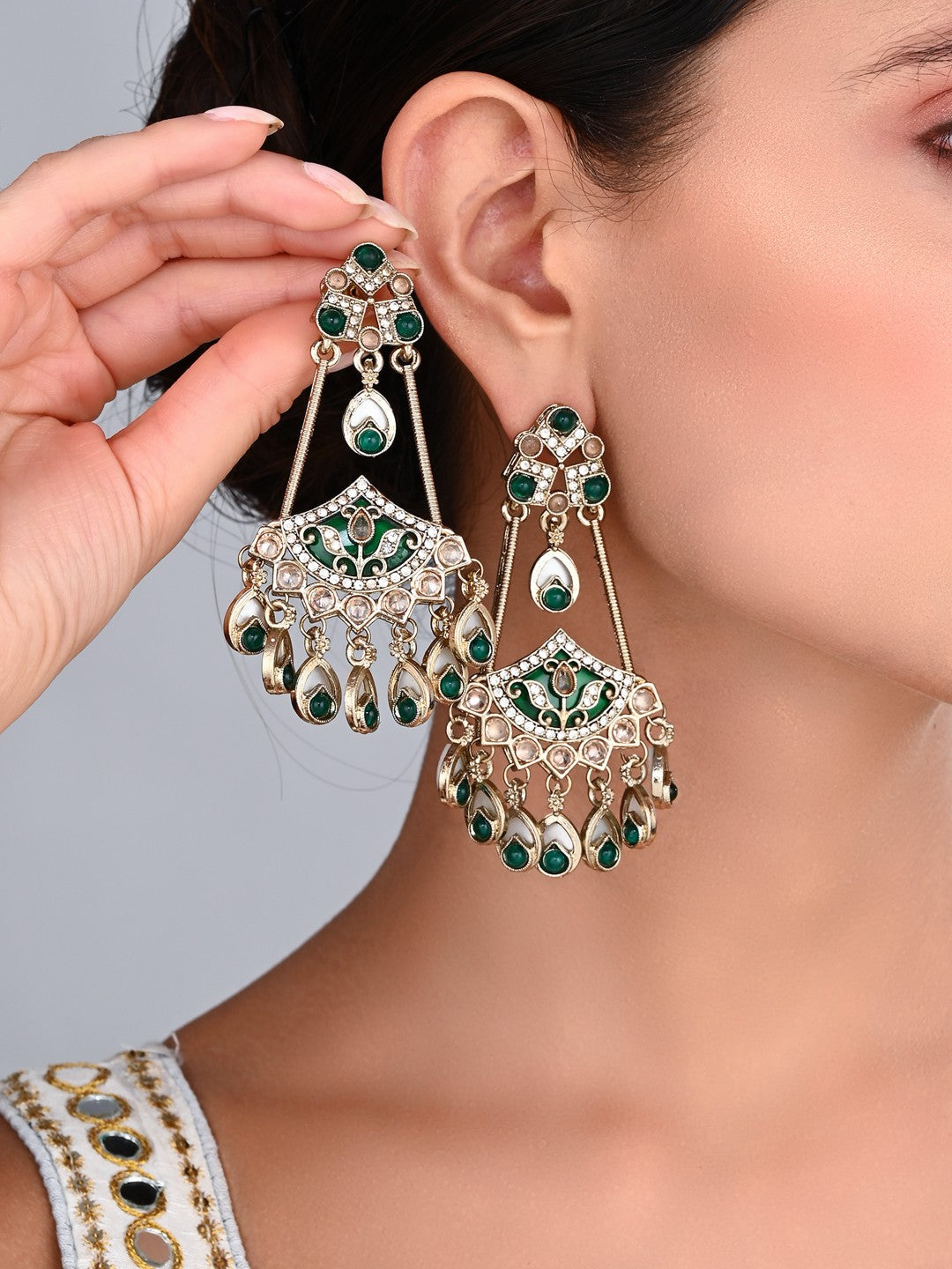 Gold-Toned Kundan Chandbali Earrings with Green Stone Accents